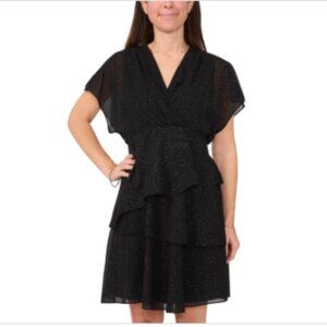 Msk Petite Glitter Chiffon Batwing-Sleeve Tiered Dress - Black Silver